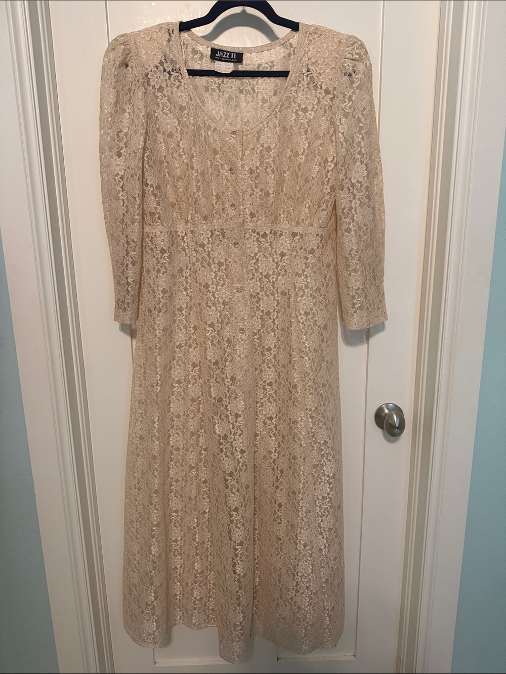 All That Jazz Vintage 80s Cream Lace Midi Romantic Dress with Button Front
